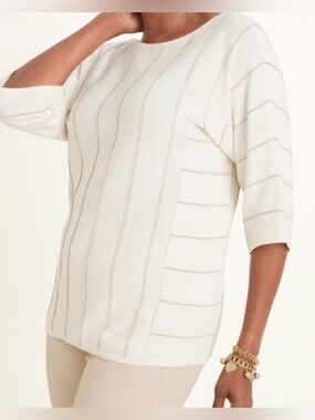Chico's pullover sweater crewneck 3/4 sleeves metallic stripe cream cotton M